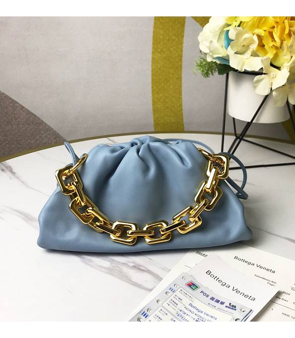 Bottega Veneta Cloud Light Blue Original Soft Real Leather Golden Chain Mini Pouch