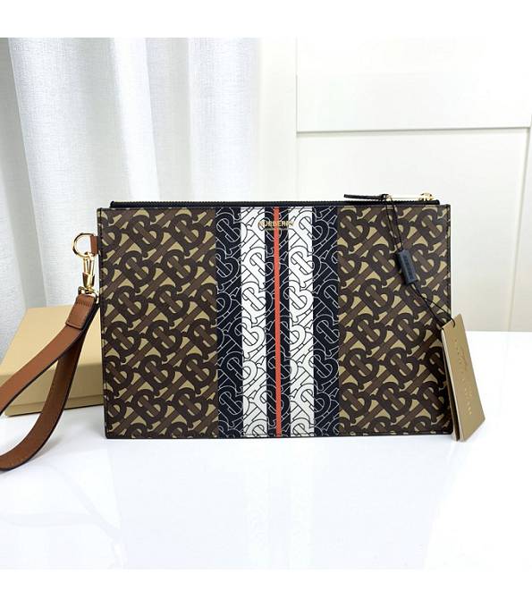 Burberry Monogram Stripe E-Canvas With Brown Original Leather Clutch