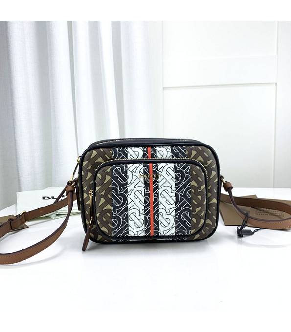 Burberry Monogram Stripe E-canvas With Brown Original Leather Camera Bag