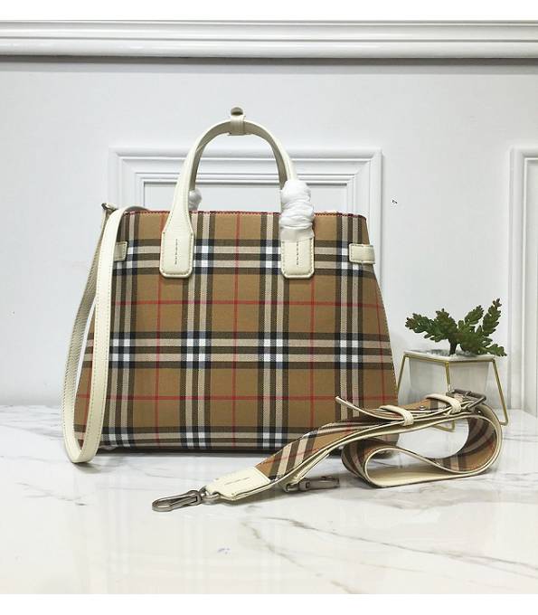 Burberry Banner Vintage Check Canvas White Original Leather Medium Tote Bag