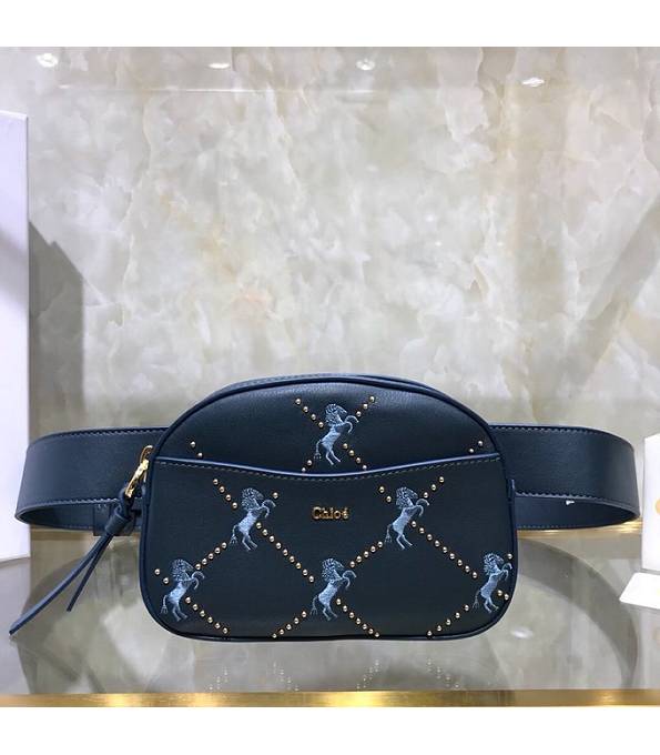 Chloe Signature Embroidered Horses Studs Blue Original Calfskin Leather Belt Bag