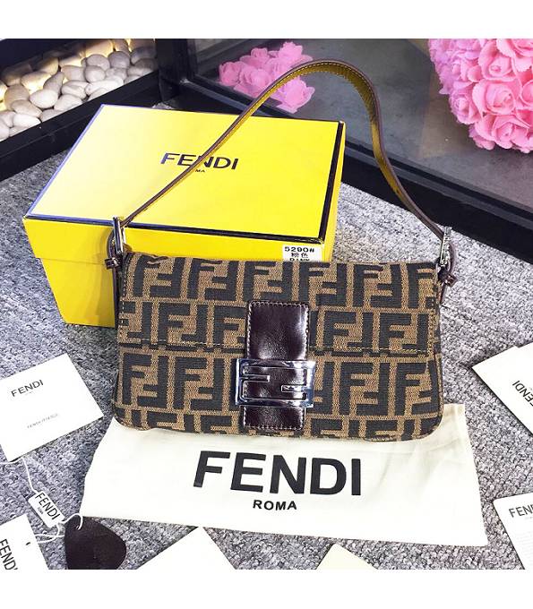 Fendi Baguette Brown FF Fabric With Coffee Original Leather Shoulder Bag