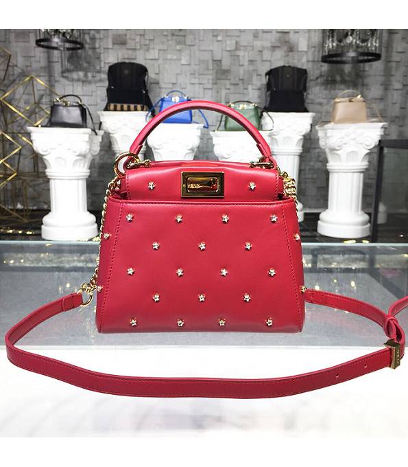 Fendi Peekaboo XS Red Original Lambskin Leather Rivet 19cm Tote Shoulder Bag