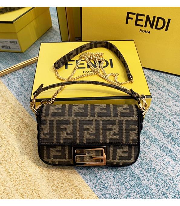 Fendi Baguette Brown FF Fabric With Black Original Leather 17cm Mini Shoulder Bag