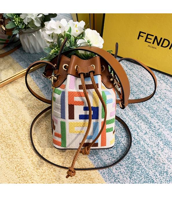 Fendi Mon Tresor Colors FF White Canvas With Brown Original Leather Small Bucket Bag