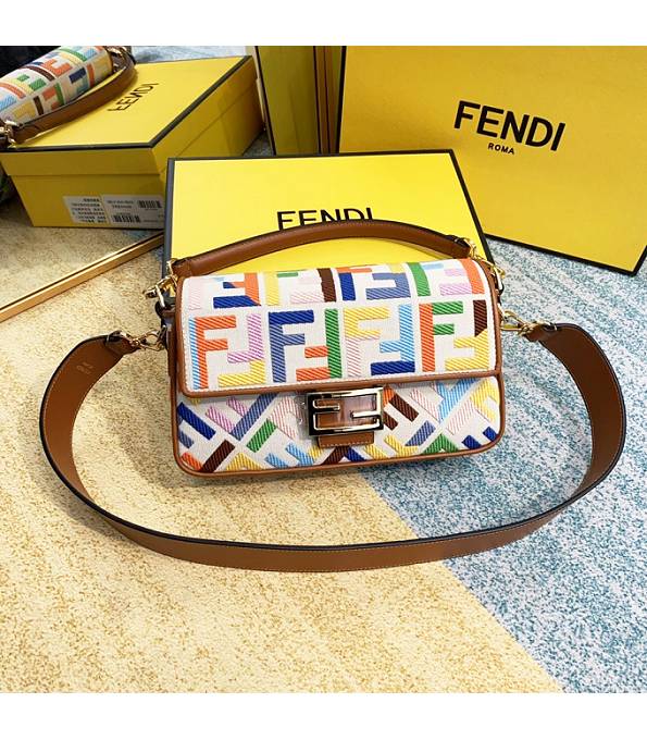 Fendi Baguette Colors FF White Canvas With Brown Original Calfskin Leather 26cm Tote Shoulder Bag