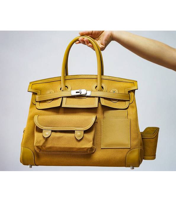 Hermes Cargo Birkin 35cm Bag Yellow Canvas With Original Swift Calfskin Leather Silver Metal