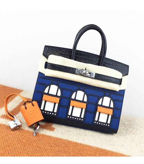 Hermes Birkin Mini Bag Blue Original Epsom With Black Croc Veins Leather Silver Metal