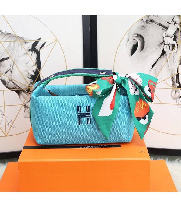 Hermes Trousse Bride Lake Blue Original Canvas 21cm Handle Bag