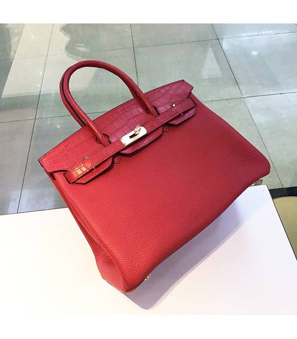 Hermes Birkin 30cm Bag Red Original Togo With Real Croc Leather Golden Metal