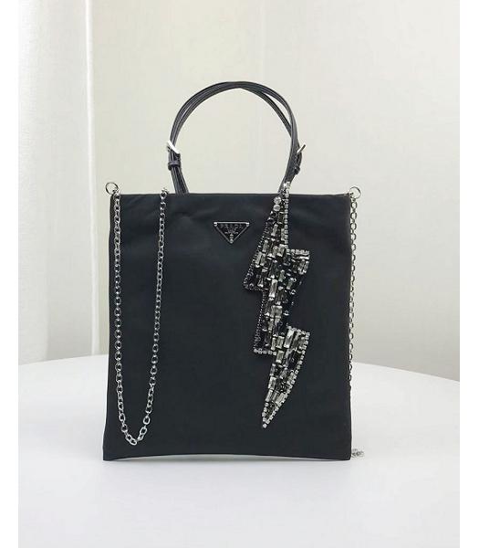 Prada Rhinestone Embellished Black Nylon With Original Leather Medium Top Handle Shoulder Bag