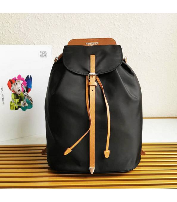 Prada Black Nylon With Brown Original Saffiano Cross Veins Leather Backpack