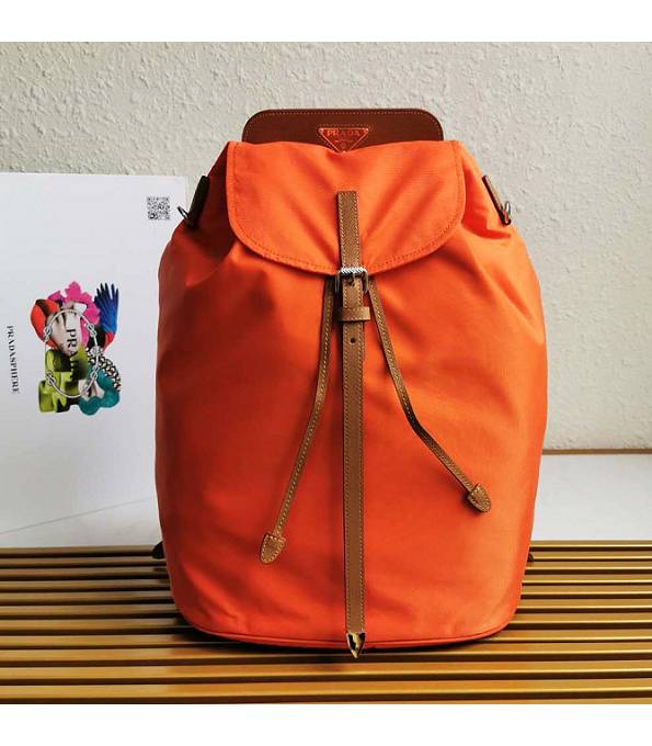 Prada Orange Nylon With Brown Original Saffiano Cross Veins Leather Backpack