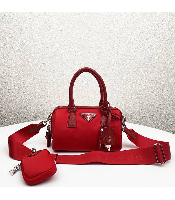 Prada Hyper Leaves Red Nylon With Original Cross Veins Leather Pillow Bag