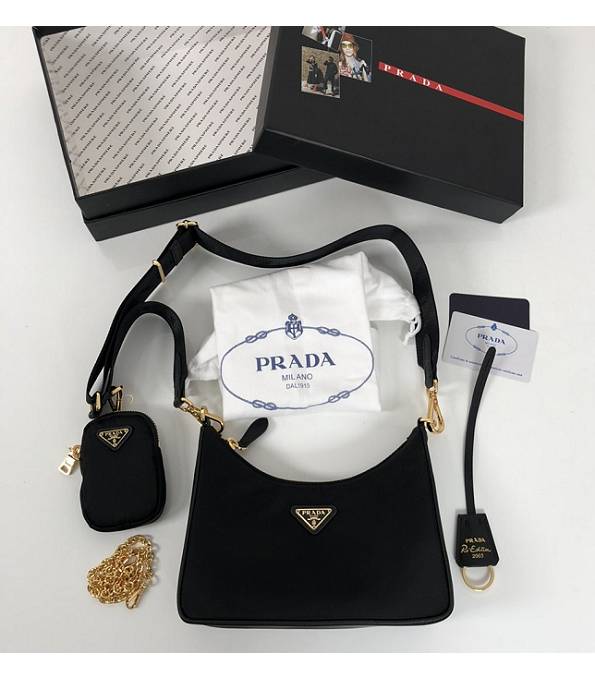 Prada Re-Edition 2005 Black Original Nylon Golden Logo Mini Hobo Bag