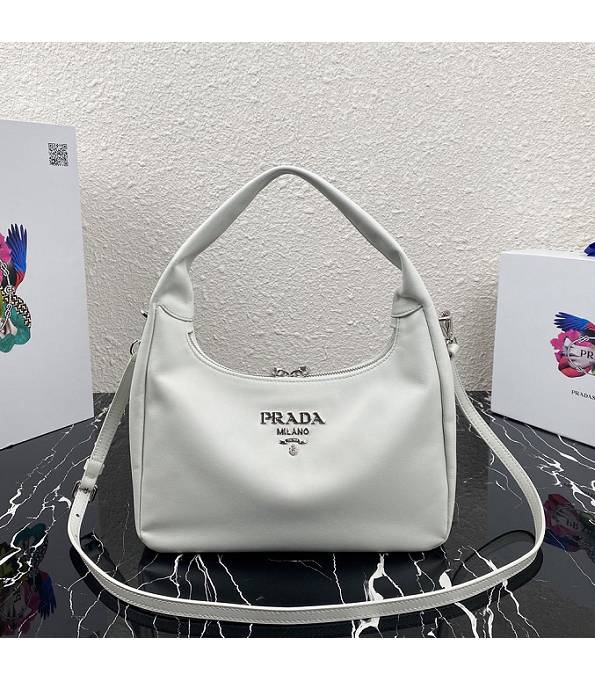 Prada White Original Calfskin Leather Hobo Bag With Checking IC Chip