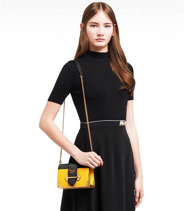 Prada Yellow/Black Original Calfskin Leather Cahier Bag