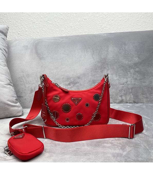 Prada Re-Edition 2005 Glass Red Original Nylon Silver Metal Mini Hobo Bag With Checking IC Chip