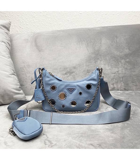 Prada Re-Edition 2005 Glass Light Blue Original Nylon Silver Metal Mini Hobo Bag With Checking IC Chip