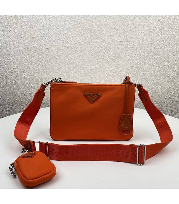 Prada Saffiano Tessuto Orange Original Nylon Double Zip Crossbody Bag With Checking IC Chip