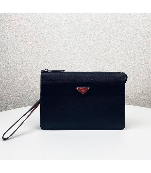 Prada Saffiano Black Original Cross Veins Calfskin Leather Red Logo Pouch