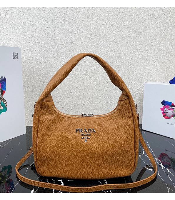 Prada Brown Original Litchi Veins Calfskin Leather Hobo Bag With Checking IC Chip