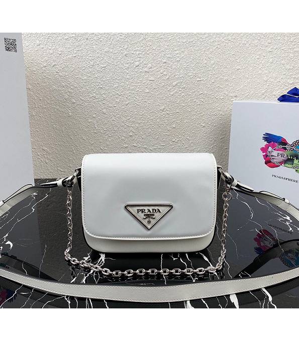 Prada White Nylon With Original Calfskin Leather Silver Chain Crossbody Bag