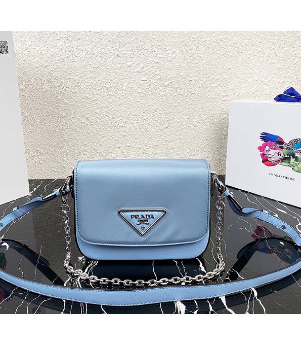 Prada Blue Nylon With Original Calfskin Leather Silver Chain Crossbody Bag