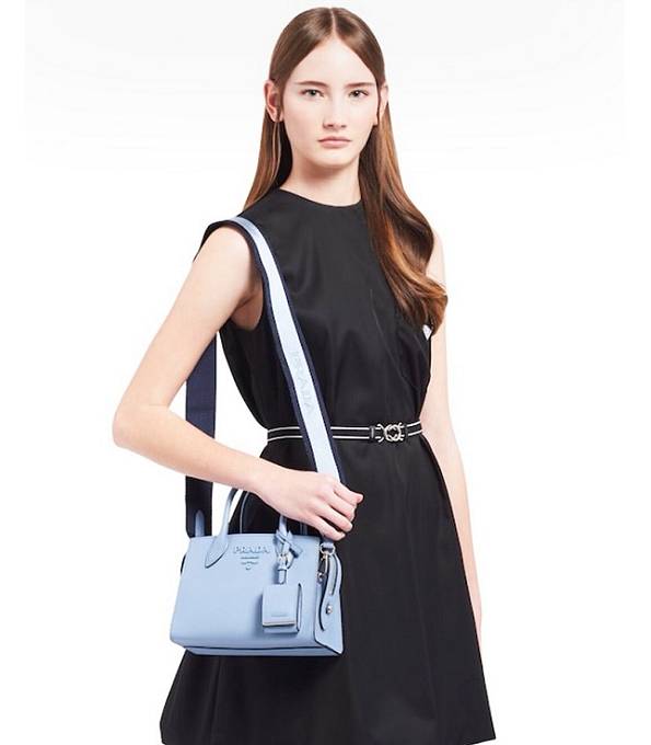 Prada Monochrome Saffiano Blue Original Cross Veins Leather Tote Shoulder Bag