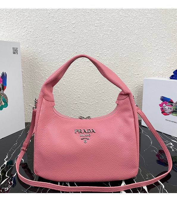 Prada Pink Original Litchi Veins Calfskin Leather Hobo Bag With Checking IC Chip