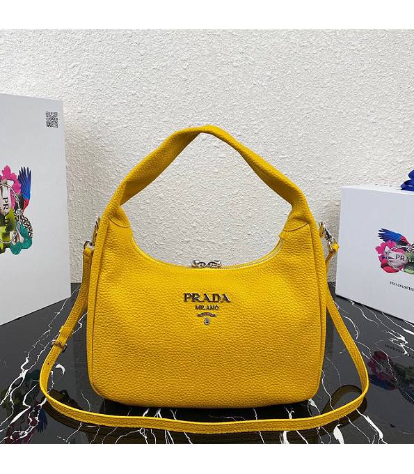 Prada Yellow Original Litchi Veins Calfskin Leather Hobo Bag With Checking IC Chip