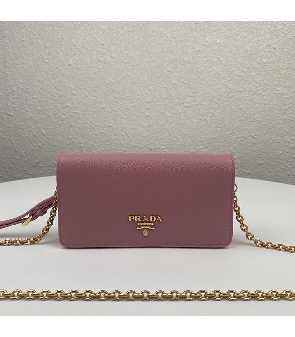 Prada Pink Original Saffiano Cross Veins Calfskin Mini Bag Golden Chain With Checking IC Chip