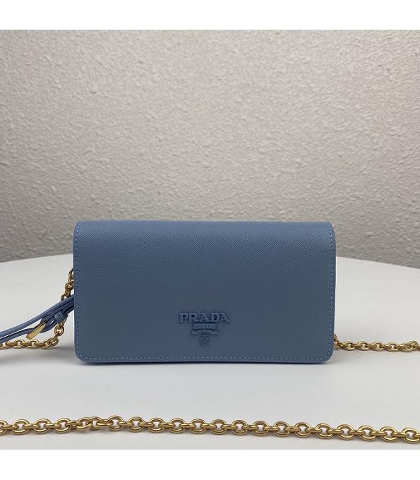 Prada Blue Original Saffiano Cross Veins Calfskin Mini Bag Golden Chain With Checking IC Chip