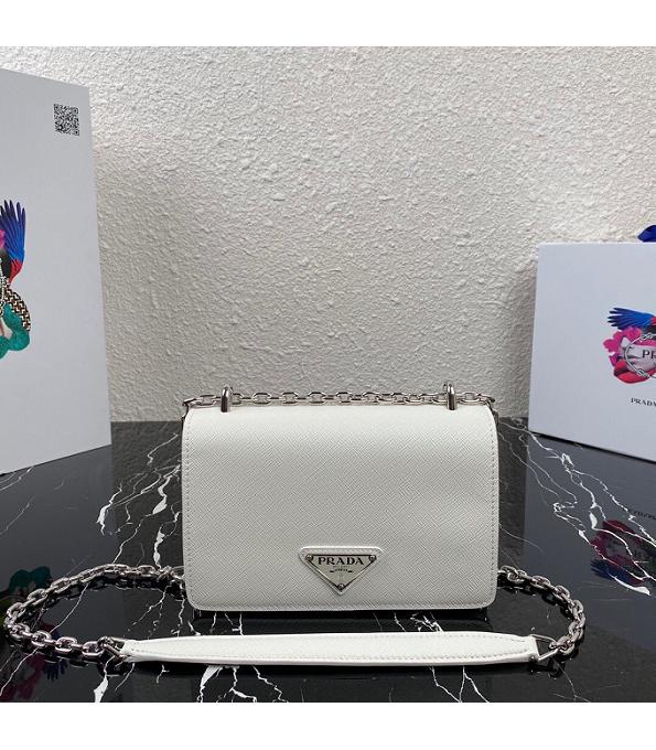 Prada White Original Saffiano Cross Veins Leather Silver Metal Small Shoulder Bag