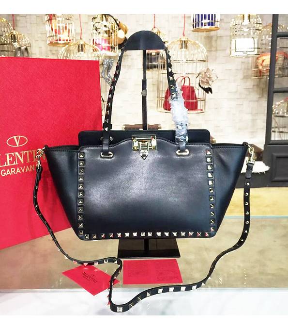 Valentino Rcckstud Black Original Leather 26cm Shopping Bag Golden Rivets