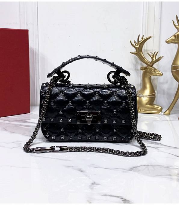 Valentino Garavani Rockstud Spike Black Oil Wax Lambskin 17cm Top Handle Black Chain Bag