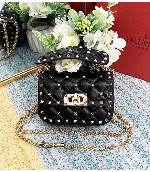 Valentino Garavani Rockstud Spike Black Imported Wrinkle Lambskin 14cm Top Handle Chain Bag