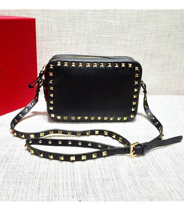 Valentino Black Original Plain Veins Leather 20cm Camera Bag Golden Rivets