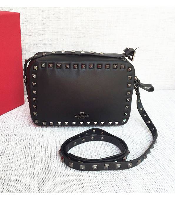 Valentino Black Original Plain Veins Leather 20cm Camera Bag Silver Rivets