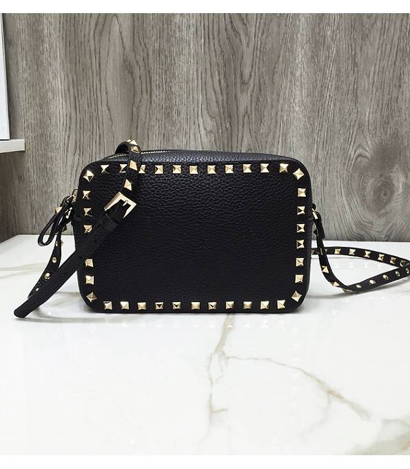 Valentino Black Original Litchi Veins Leather 20cm Camera Bag Golden Rivets