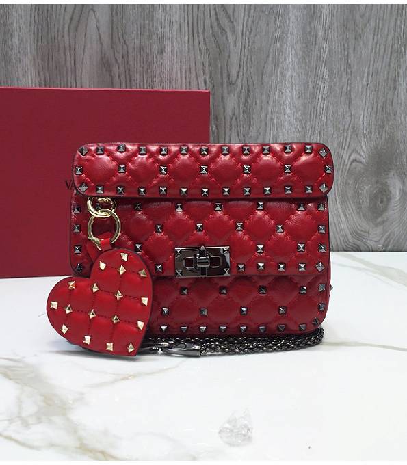 Valentino Garavani Rockstud Spike Dark Red Original Soft Lambskin Silver Chain 20cm Shoulder Bag