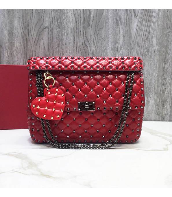 Valentino Garavani Rockstud Spike Dark Red Original Soft Lambskin 30cm Top Handle Chain Bag Black Rivet