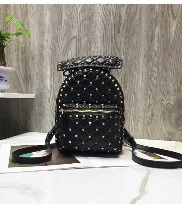 Valentino Garavani Rockstud Spike Black Original Wrinkled Lambskin Mini Backpack Golden Rivet