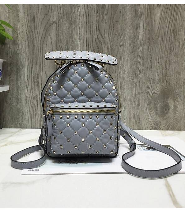 Valentino Garavani Rockstud Spike Grey Original Wrinkled Lambskin Mini Backpack Golden Rivet