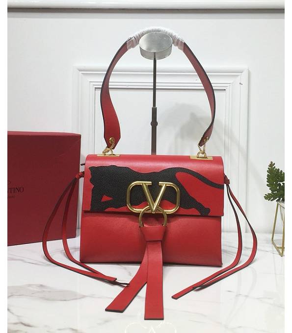 Valentino Lion Vring Red Original Plain Veins Calfskin Small Shoulder Bag Golden Logo