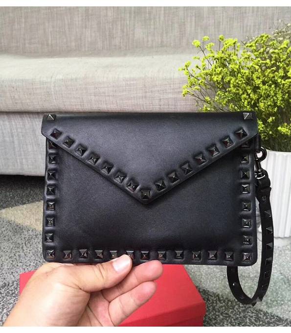 Valentino Black Original Calfskin Leather 20cm Clutch Black Rivet