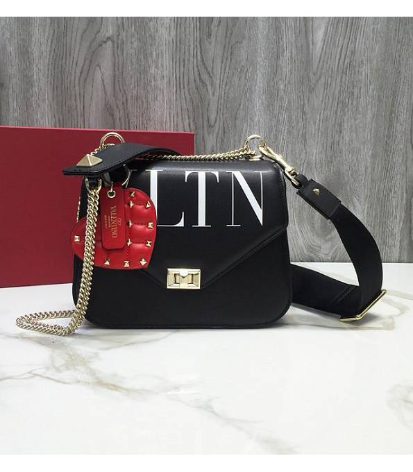 Valentino Vltn Garavani Rockstud Black Original Calfskin Leather Golden Chain Medium Cross Body Bag