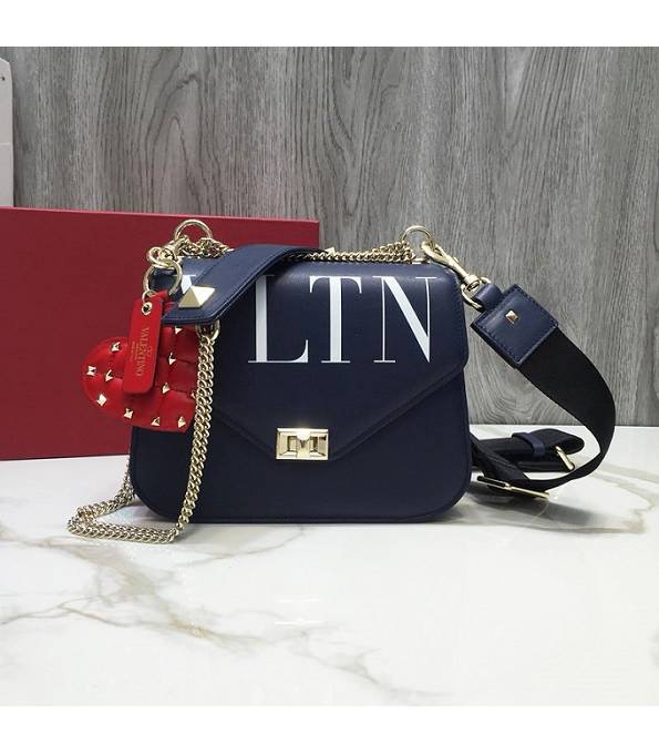 Valentino Vltn Garavani Rockstud Dark Blue Original Calfskin Leather Golden Chain Medium Cross Body Bag