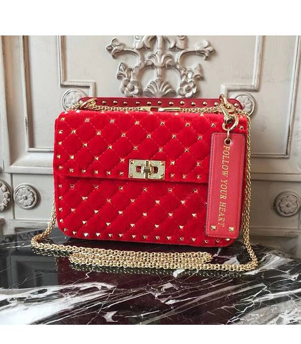 Valentino Garavani Rockstud Spike Red Original Velvet 24cm Top Handle Golden Chain Bag