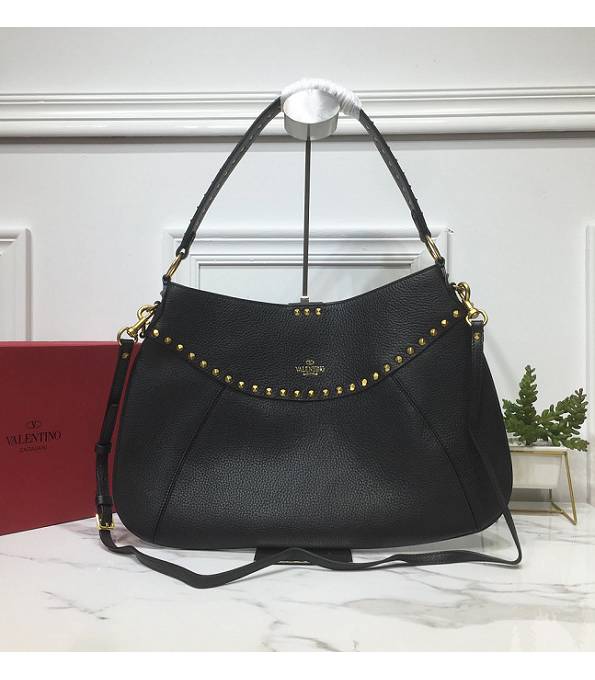 Valentino Garavani Twinkle Studs Black Original Litchi Veins Calfskin Leather Large Shoulder Bag